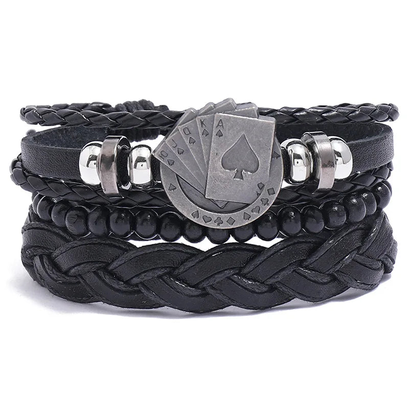 New Vintage 3pcs Per Set Jewelry Alloy Poker Mens Bangles Leather Braided Beaded Bracelets