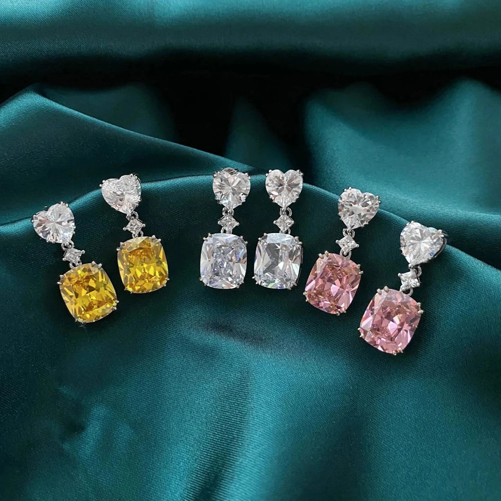 Huitan New Bling Bling Colorful Radiant Cut Heart Diamond Zircon Drop Earrings Girls Lady Trendy Sweet Earrings Women