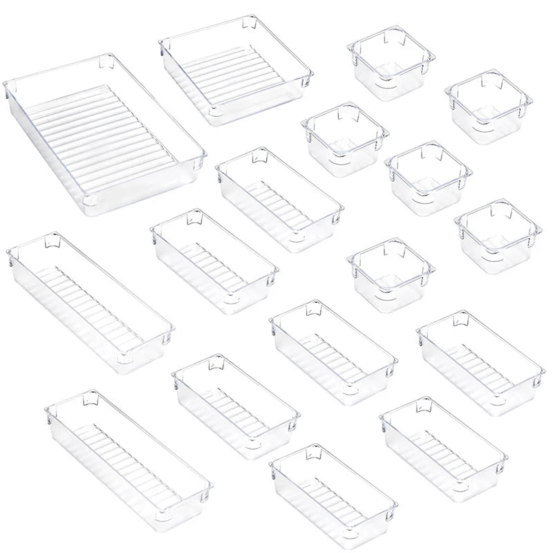 Hot Selling 17-Piece Set Modern Transparent Plastic Cosmetic Storage Box Multifunctional Rectangle Case Food Desk Inspired