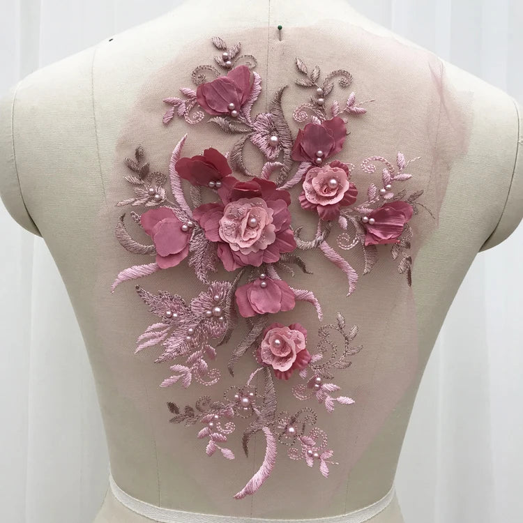 Multicolor Handmade 3D Embroidery Lace Beaded Applique Wedding Dress Veil Accessories in Mesh Fabric 100% Polyester 19cm Width