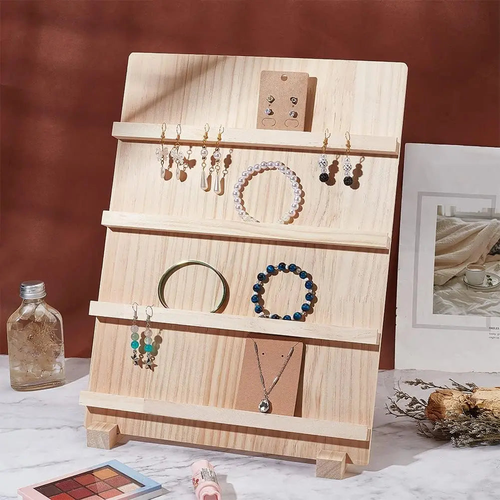Juquan JQ-2503199 3-4-5 4-Tier Wooden Rectangle Earring & Jewelry Display Stand with Card Holder Riser Showcase