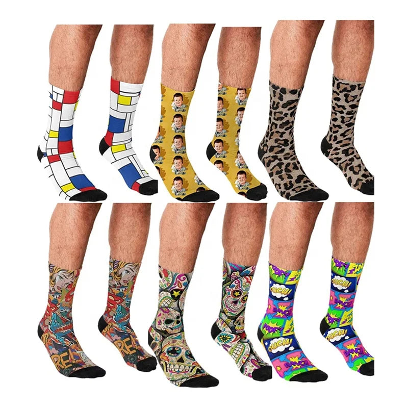 Wholesale Cool Crazy Leopard Comic Digital Print Socks Men Personalized Printed Sublimation Socks