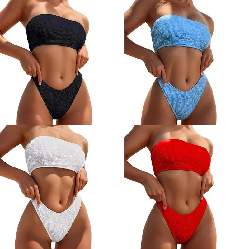 Women's Solid Strapless High Cut 2-Piece Bikini Set Breathable SPandex/Nylon Windproof 220g Drawstring Crop Top