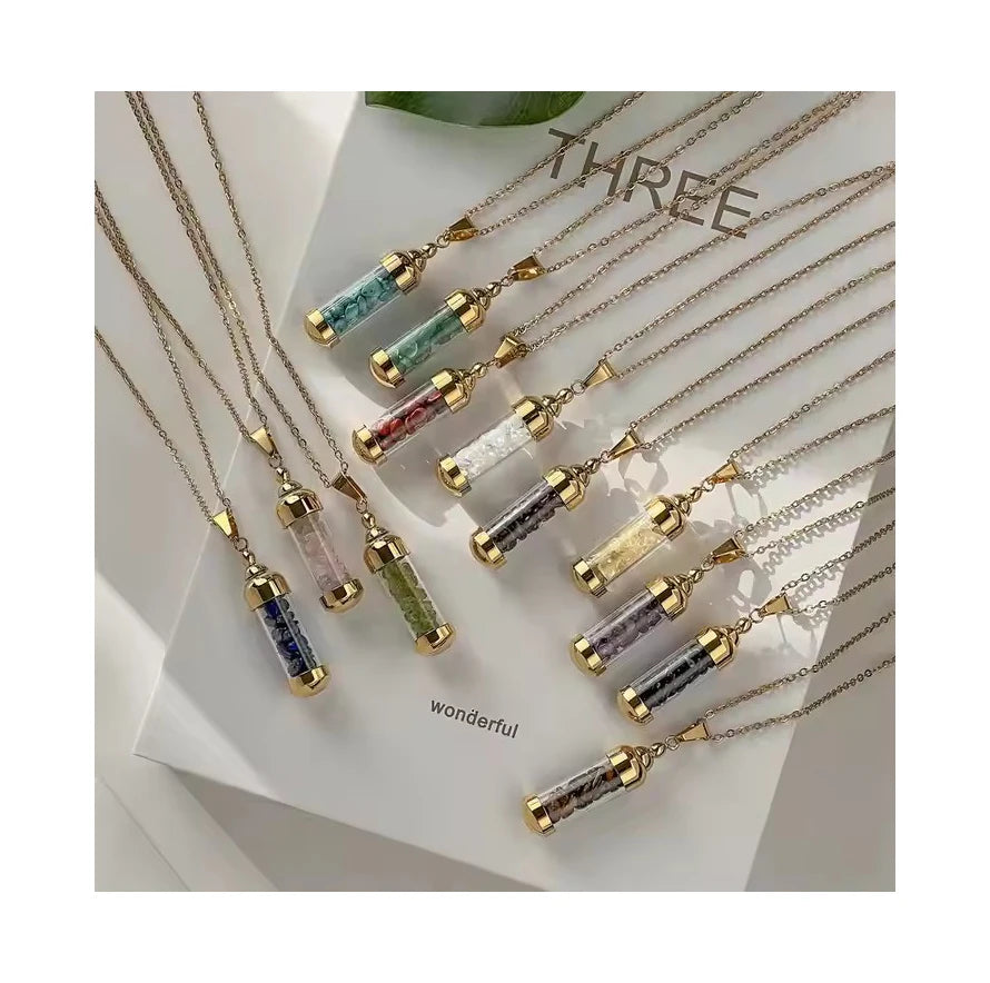 Fashion Can Open Perfume Necklace Gold Plated Stainless Steel Chain Diy Healing Crystal Wishing Bottle Pendant Necklace
