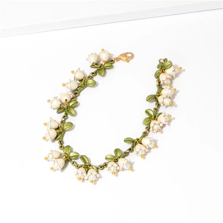 Risingmoon Valley Lily Flowers Spring Green Leaf Baking Paint Freshwater Pearl Bracelet