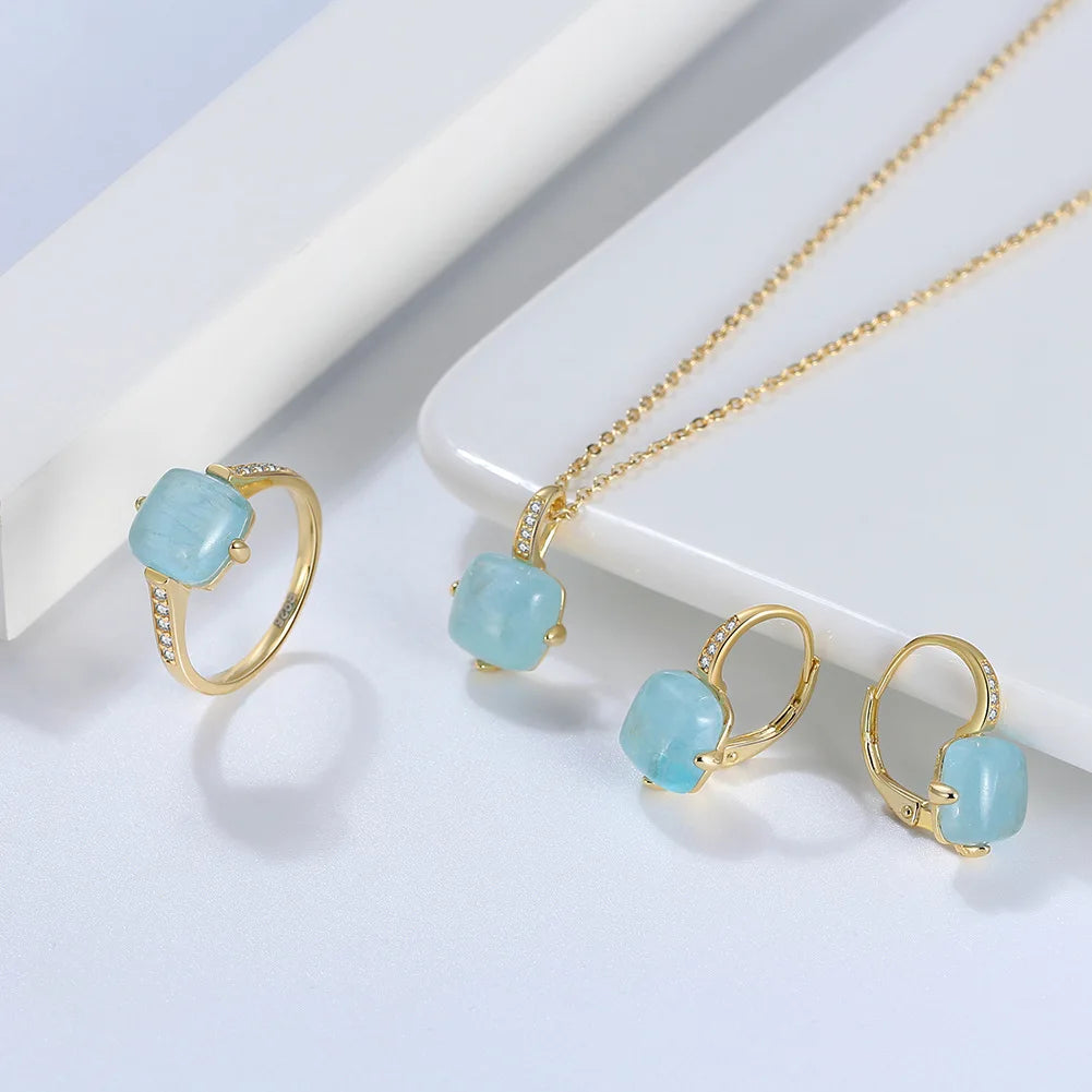 925 Sterling Silver Jewelry Square Blue Sapphire Aquamarine Natural Stone Pendant Necklace Ring Earring Jewelry Set
