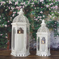 Tower Shape Wholesale Vintage White Candle Lantern Metal Hollow Lanterns for Indoor Weddings Outdoor Garden Decoration