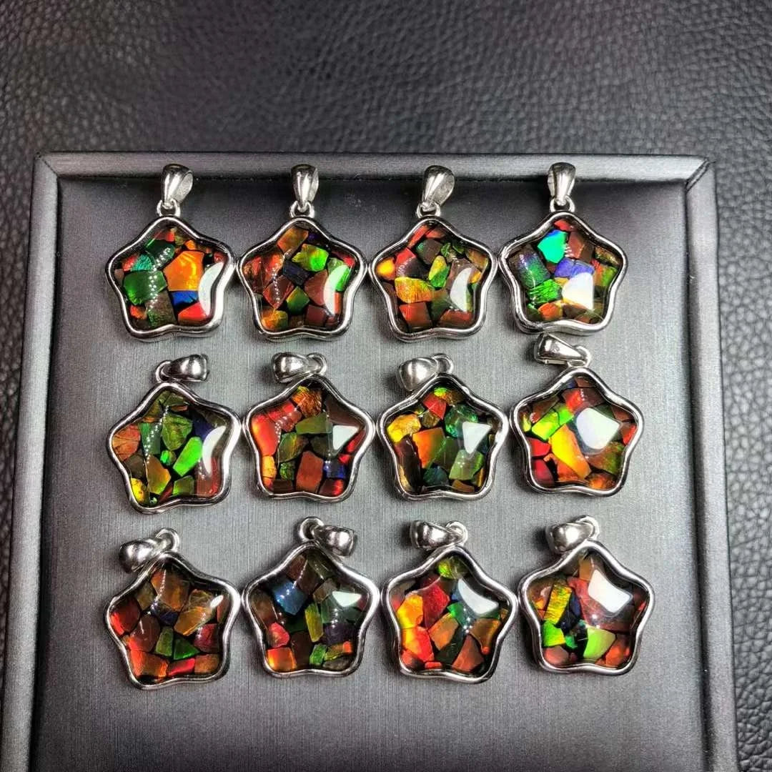 Crystals Healing Stones Sterling Silver 925 Setting Charm Necklace Natural Ammolite Star Pendant