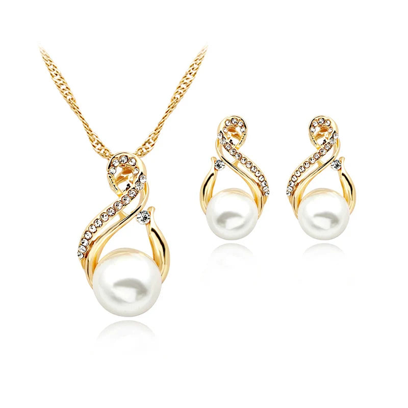 Elegant Women Gold Plated Wedding Pearl Pendant Earrings Necklace Sets Pearl Bridal Jewelry Set