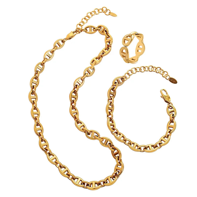 18K Gold Plated Geometric Link Chain Choker Necklace  Set Stainless Steel Titanium Circle Link Ring Zircon for Wedding