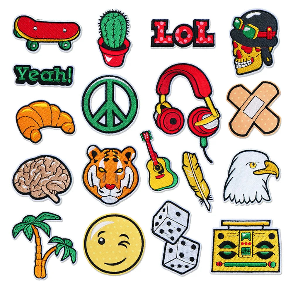 Iron on Embroidered Leopard Smile Face Headphone Skateboard Adhesive Bandage LOL Skull Eagle  Patches for Clothes Bag Decoration