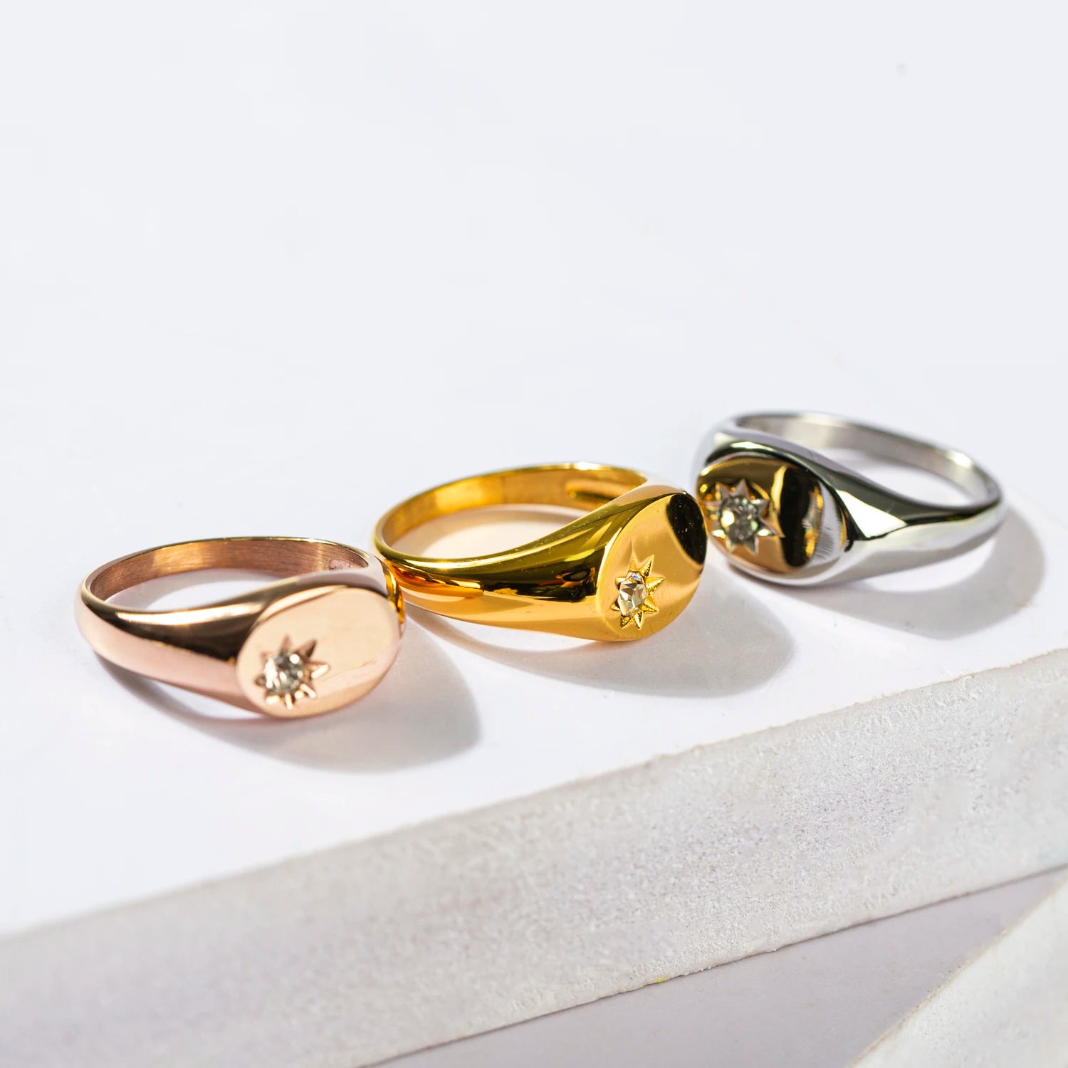Dainty 18K Gold Plated North Star Ring Waterproof Custom Stainless Steel Cubic Zircon Polaries Signet Ring for Women Men