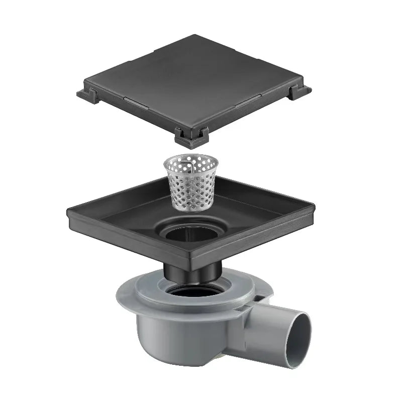 Wholesale 15x15 CM Square Shower Drain with Horizontal Outlet Adapter Brushed Grey 304 Stainless Steel Tile Insert Floor Drain