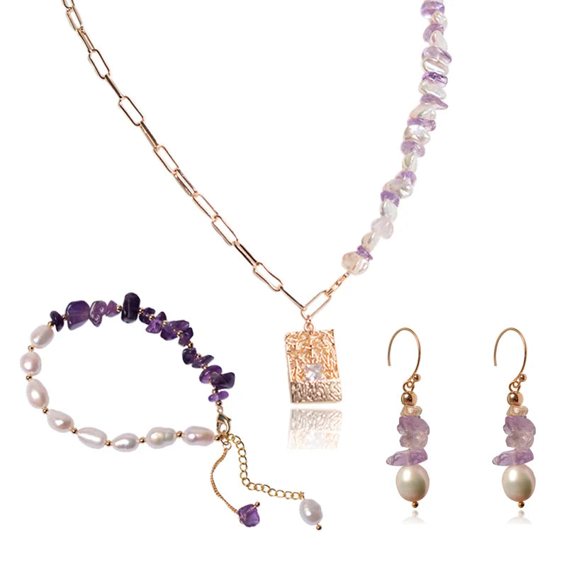 Haiyang Quartz Amethyst Crystal Jewelry Set Earrings Bracelet Necklace White Pearl Set