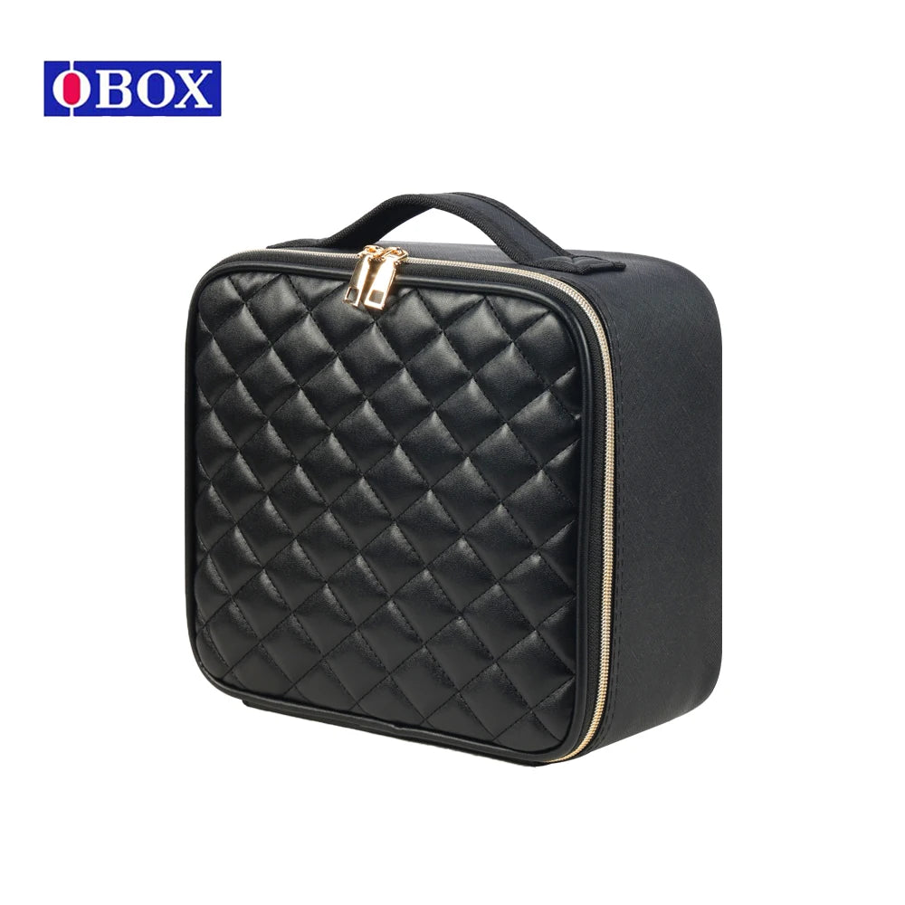 Fashionable Travel Makeup Bag LED Mirror 3 Color Setting Durable PU Cosmetic Makeup Box Organizer Zipper Closure Diamond Pattern