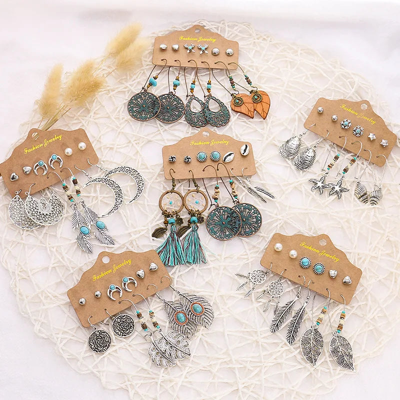 6pair/card Vintage Antique Silver Plated Heart Moon Stud Palm Leaf Starfish Beach Shell Pendant Women Boho Earring Set Jewelry