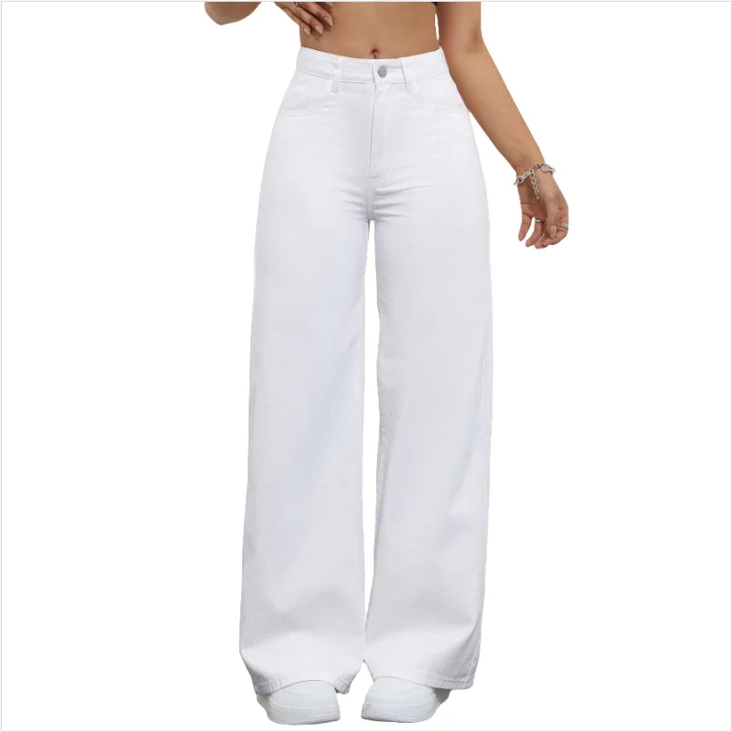 Classic Women's High-Waisted Buggy Jeans White Loose-Fitting Casual Style with Breathable Denim Weave MegaBDM