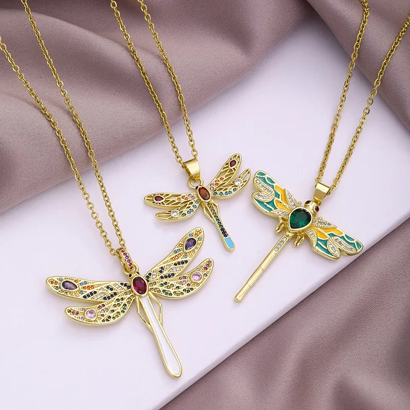 Stainless Steel Chain Dragonfly Pendant Necklace Drop Oil Crystal Dragonfly Necklace Collar Libelula for Party