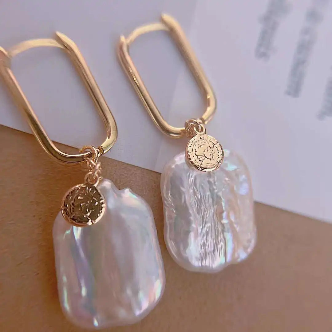 European American Bazaar Style 18K Gold Plated Freshwater Pearl Earrings Strong Light Square Baroque Square Ear Buckle
