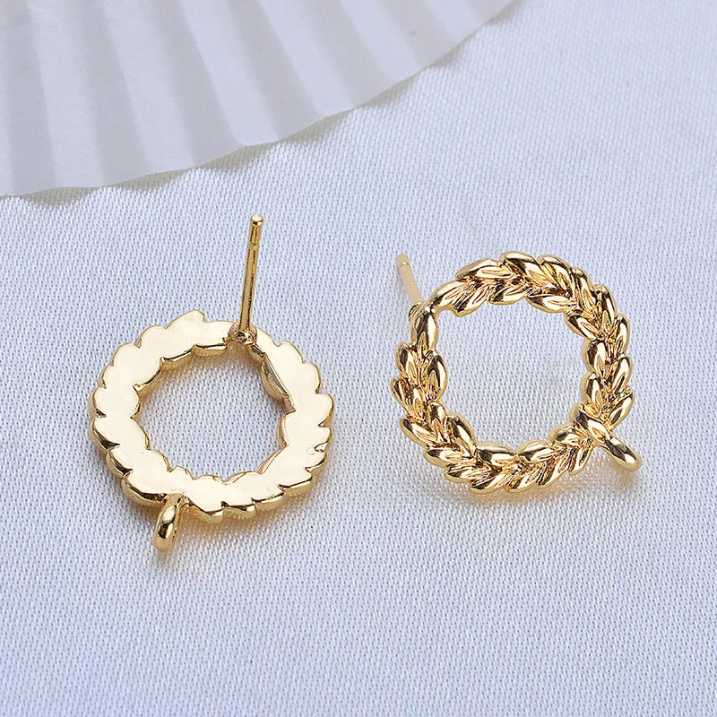 Round Ears of Wheat Stud Post Earring Findings Shiny 18K Gold Plated Brass Round Olive Branch Earring Stud With Loop