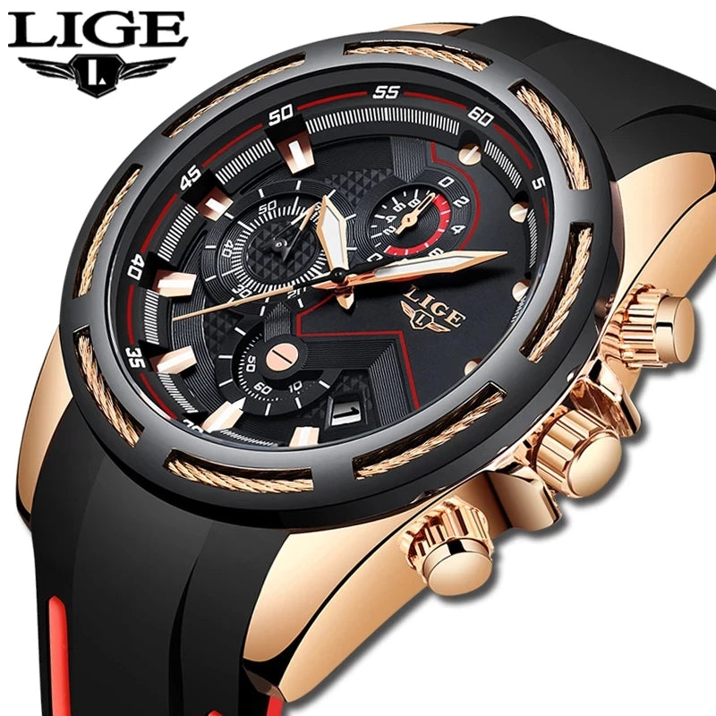 LIGE 9957 New Men Fashion Date Chronograph Men Top New Luxury Waterproof Silicone Strap Sport Quartz Watch Relogio Masculino
