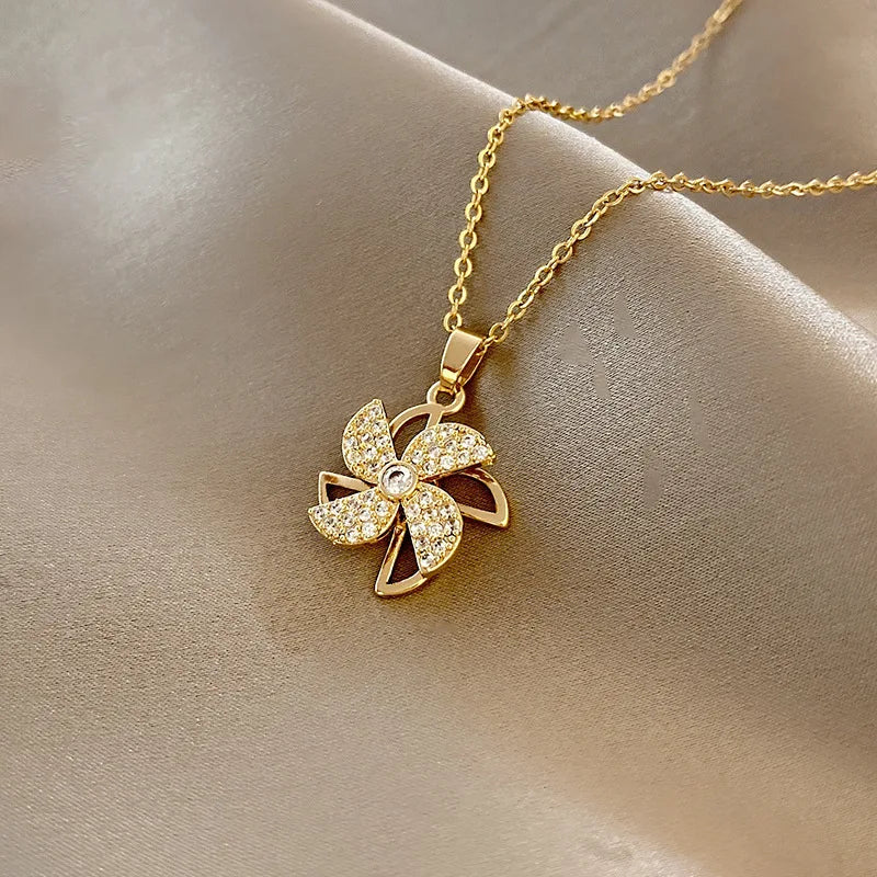 18K Gold Plated Rotating Diamond Pinwheel Pendant Necklace Stainless Steel Crystal Zircon Windmill Charm Necklace
