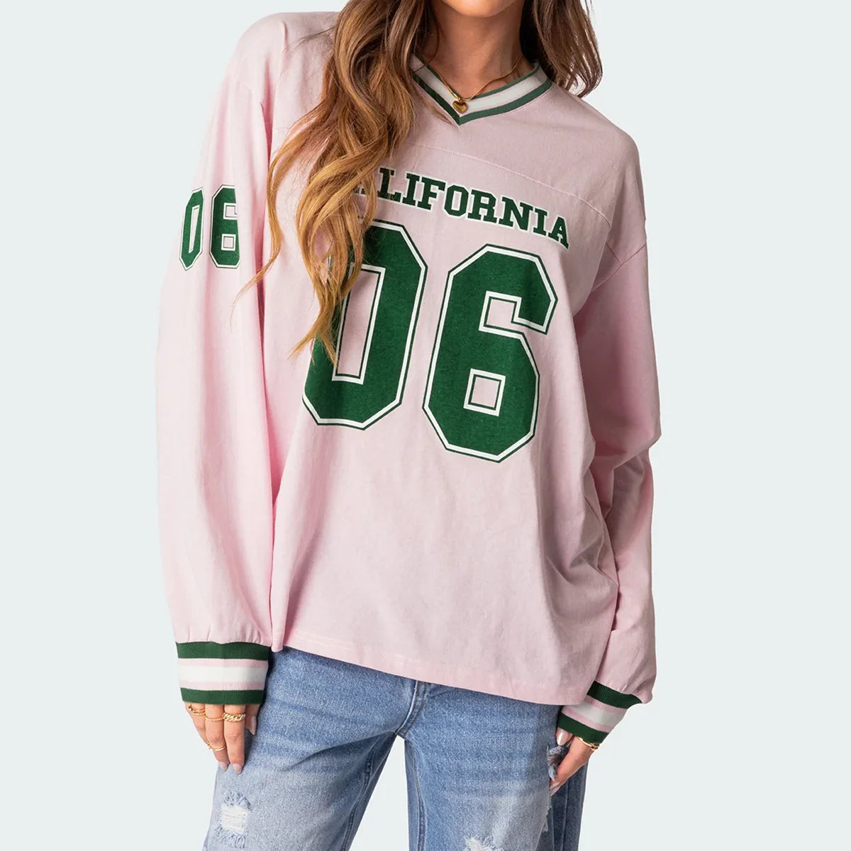 Women's Cali Oversized Baseball T-Shirt Long Sleeve Tee V-Neck Letter Print T-Shirt