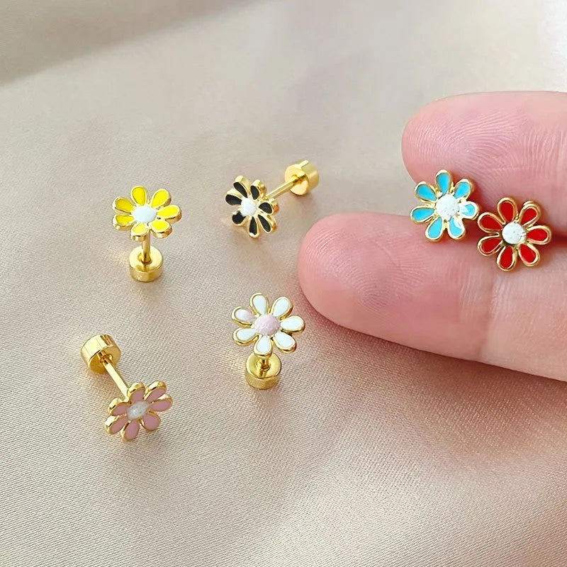 Fashion 18K Gold Plated Enamel Daisy Flower Stud Earrings Stainless Steel Colorful Enameled Flower Ear Studs Jewelry for Women