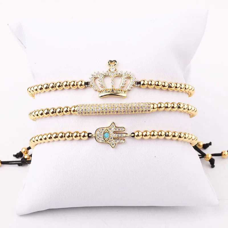 Hot Selling Stainless Steel Beads 18K Gold Plating CZ Pave Hamsa Crown Charm Beaded Braided Macrame Custom Bracelet Women Men