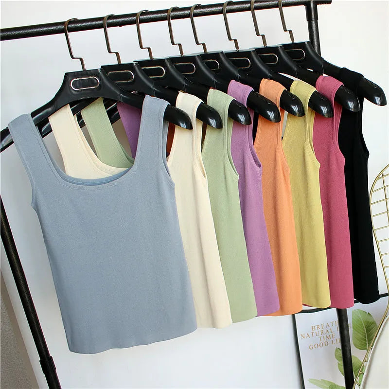 Summer New Square Neck Ice Silk Knitted Strap Tank Top Women's Short Style Underlay Design Feeling Small Sleeveless Open VEST