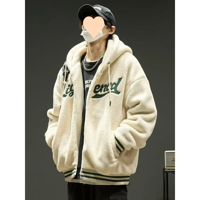 Men's Winter New American Retro Hip-Hop Fitted Hooded Jacket Heart Pattern Couple's Trendy Thick 3D Embroidery XXL MegaBDM