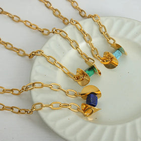 Waterproof Punk Chunky Link Chain Necklace Tarnish Free Multicolor Natural Stone Gold Plated Stainless Steel Necklace for Women