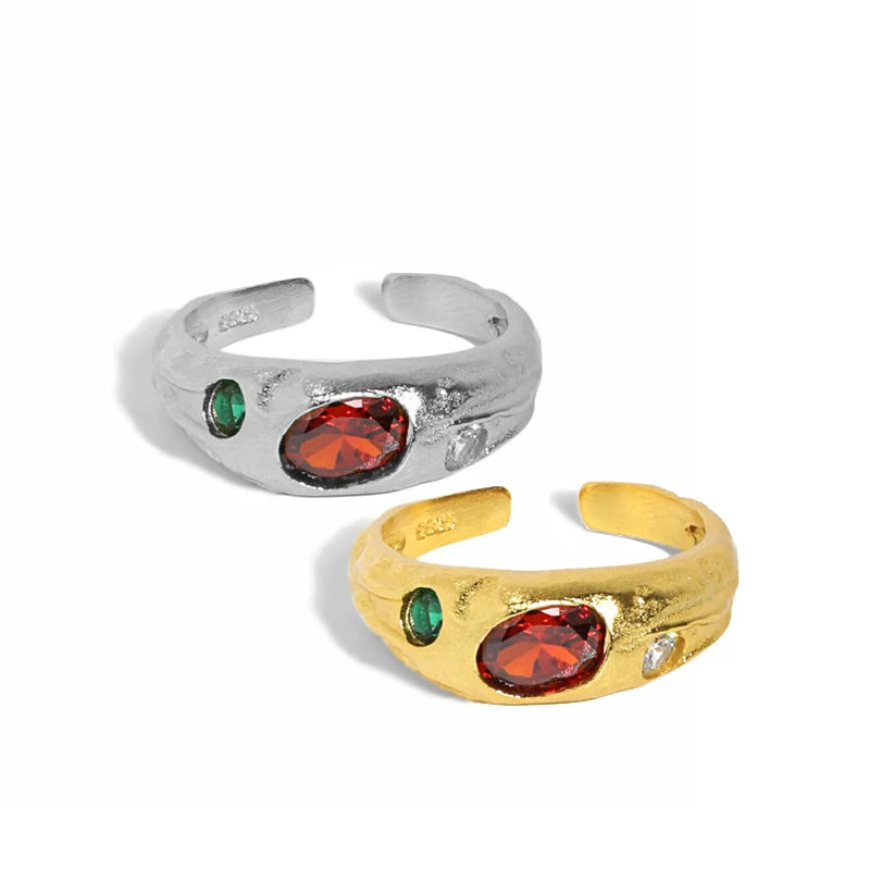 WMJT600 French Vintage Texture Gold Ring 925 Sterling Silver Rings Band Ring with Colored Crystal Stones in Gold Tone