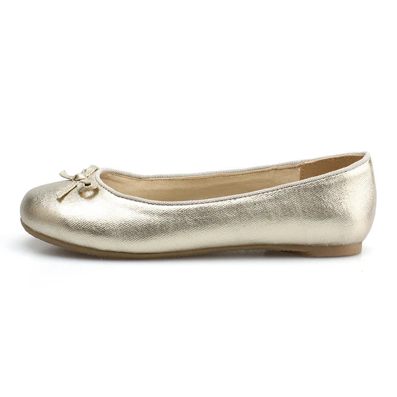 Girls Party Causal Fashion Gold Pu French Binding Round Toe Good Quality Soft Insole Flat Ballerina Shoes