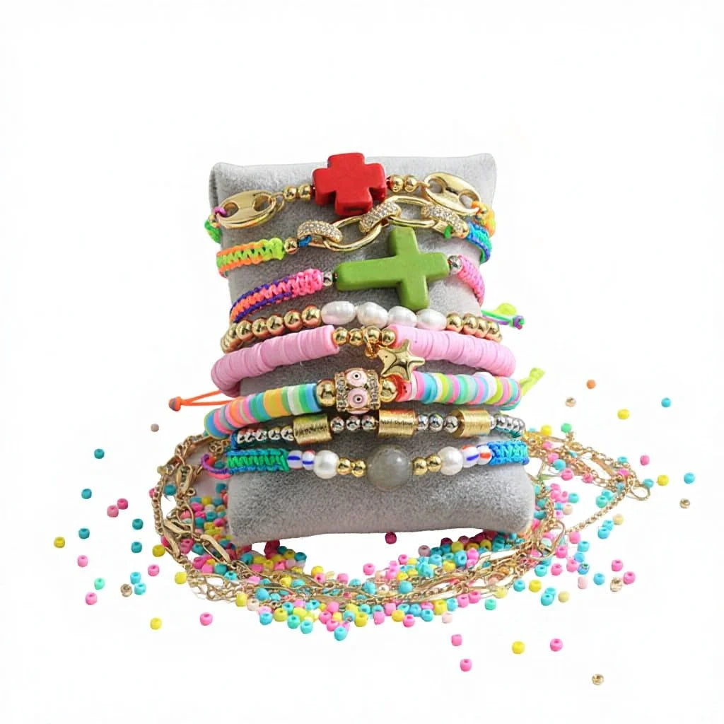 BC4008 Bohemian Layering Bracelet Set Polymer Clay Heishi Beads Evil Eyes & Gold Plated Brass Bead Stackable Jewelry for Women