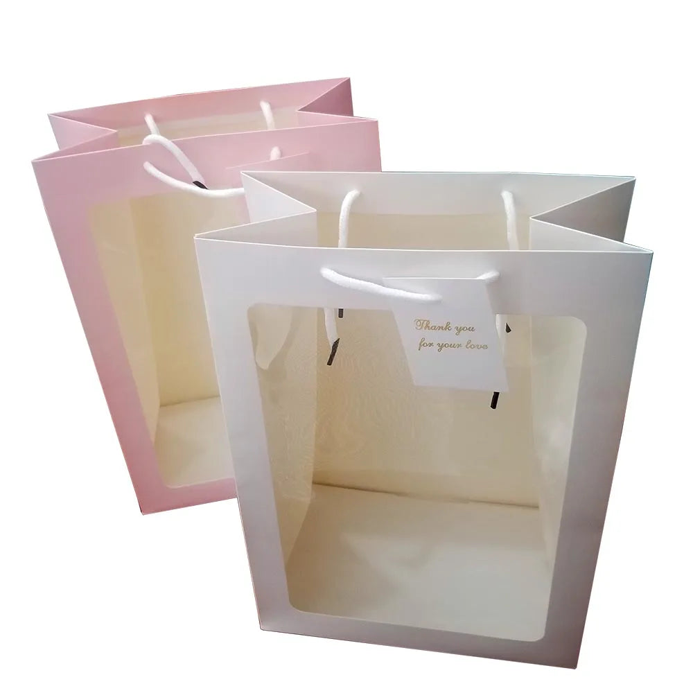 Luxury Paperboard Gift Bag with Transparent Window Flower Design Offset Printing Customizable Size & Handle