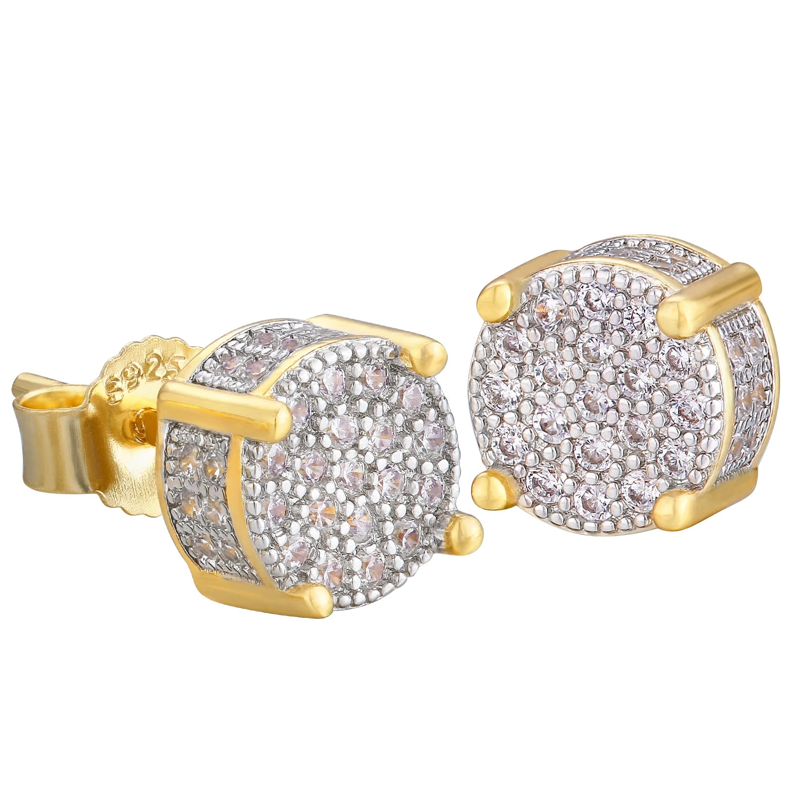 14K Gold Plated Hoop Earrings 925 Sterling Silver CZ Hypoallergenic Men Round Iced Out Circle Stud Earrings Aretes Para Hombre
