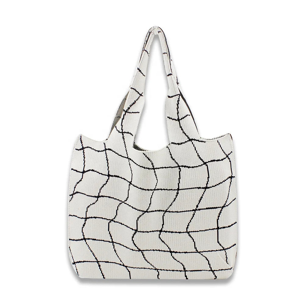 Wholesale Large Capacity Reusable Polyester Shopping Bags Fashion Knitted Tote Bag Checkered Design Open Closure Solid Color