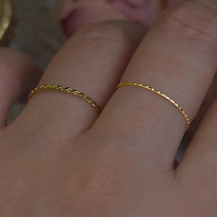 Minimalist Jewelry Stainless Steel Rope Twist Thin Band Ring Waterproof Dainty 18k Gold Plated Braided Twisted Stacking Ring