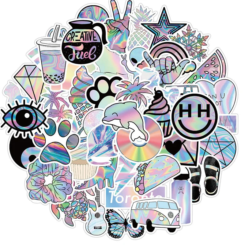 50pcs Cute Holographic Laser Stickers for Laptop Waterproof Vinyl Decals for Teen Girls Water Bottles Scrapbook Luggage