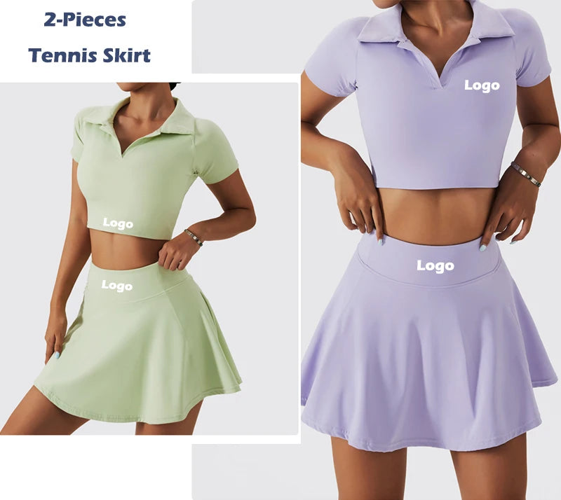 2023 Woman Fitness Gym Set Sports Tennis Golf Outfit Set Yoga Wear Custom Polo Neck Short Sleeve T-shirt and Built-in Skirt Set