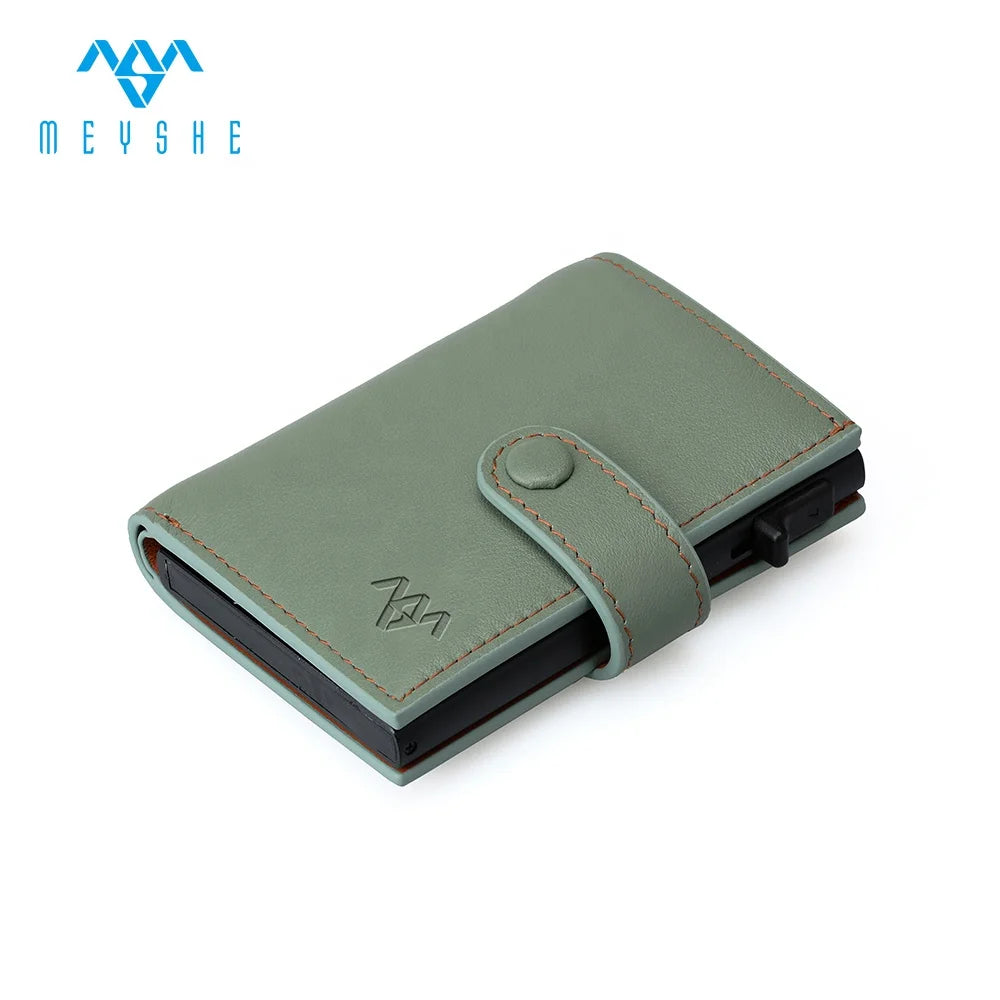 Full Grain Genuine Nappa Leather Automatic Pop up Metal RFID Blocking Card Holder Multi Wallet for Men
