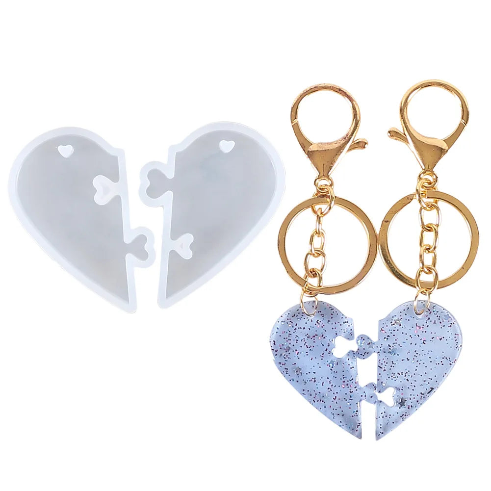 DM646 Shiny Glossy Splicing Split Heart Shape Silicone Molds DIY Art Craft Keychain Pendant Moulds for Jewelry Necklace Making