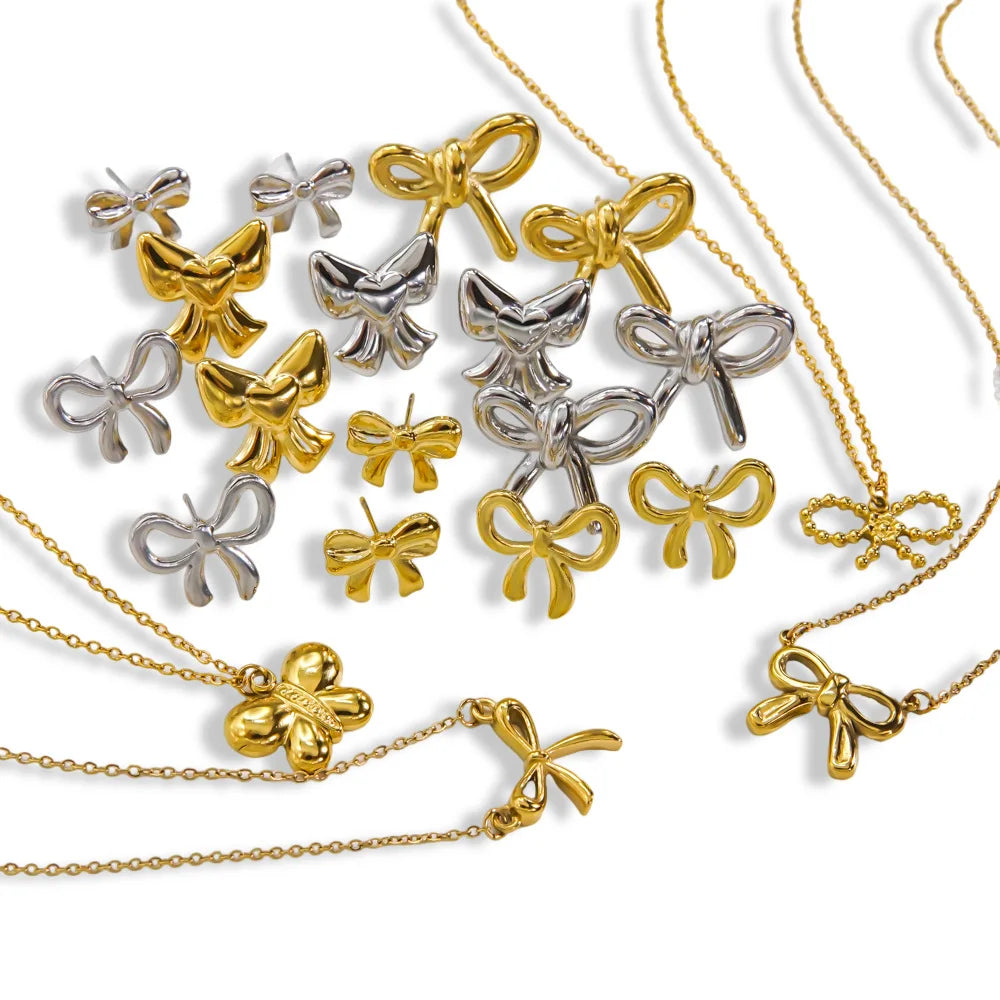 Fashion Jewelry Set Stainless Steel 18K Gold Hollow Bow Pendant Necklace and Earrings Set for Women