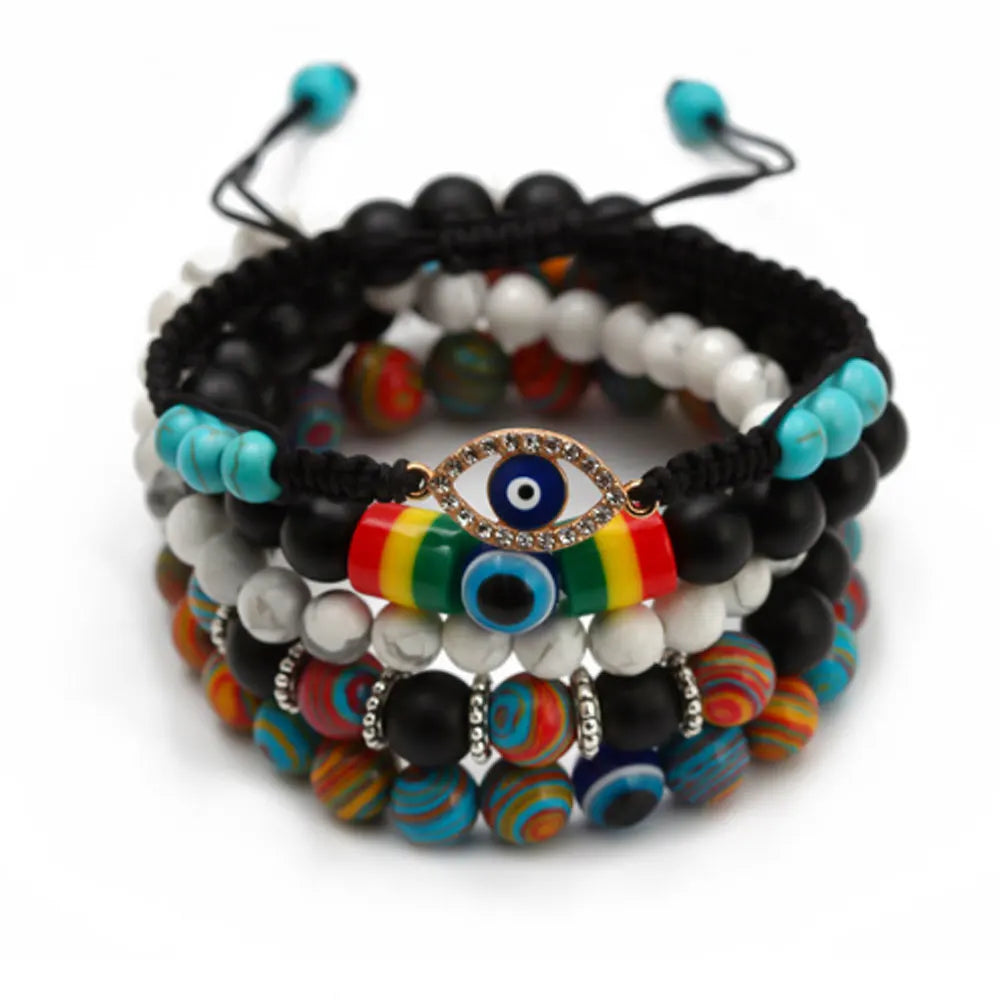Handmade Bohemian Style Stackable Agate Stone Beads Turkish Blue Devil Eye Charm Punk Bracelet Children's Jewelry