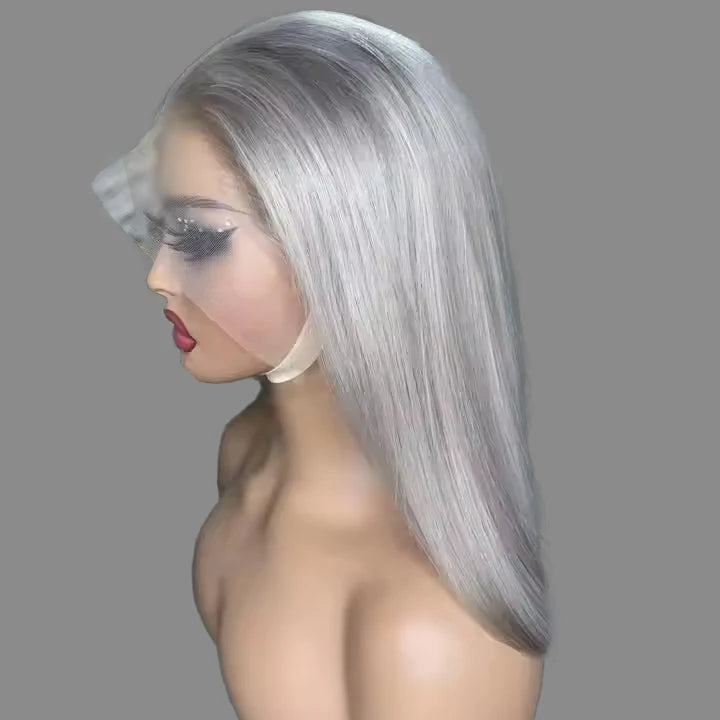 Pre Plucked with Baby Hair Grey Short Human Hair Bob Wig Glueless 180% Density Straight Transparent Lace Frontal Bob Wig
