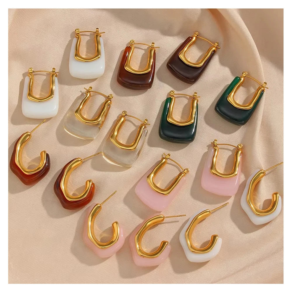 Trendy Stainless Steel 18k Gold Plated Resin U Shape Hoop Earrings Colorful Chunky Acrylic C Shape Earrings for Women Girls