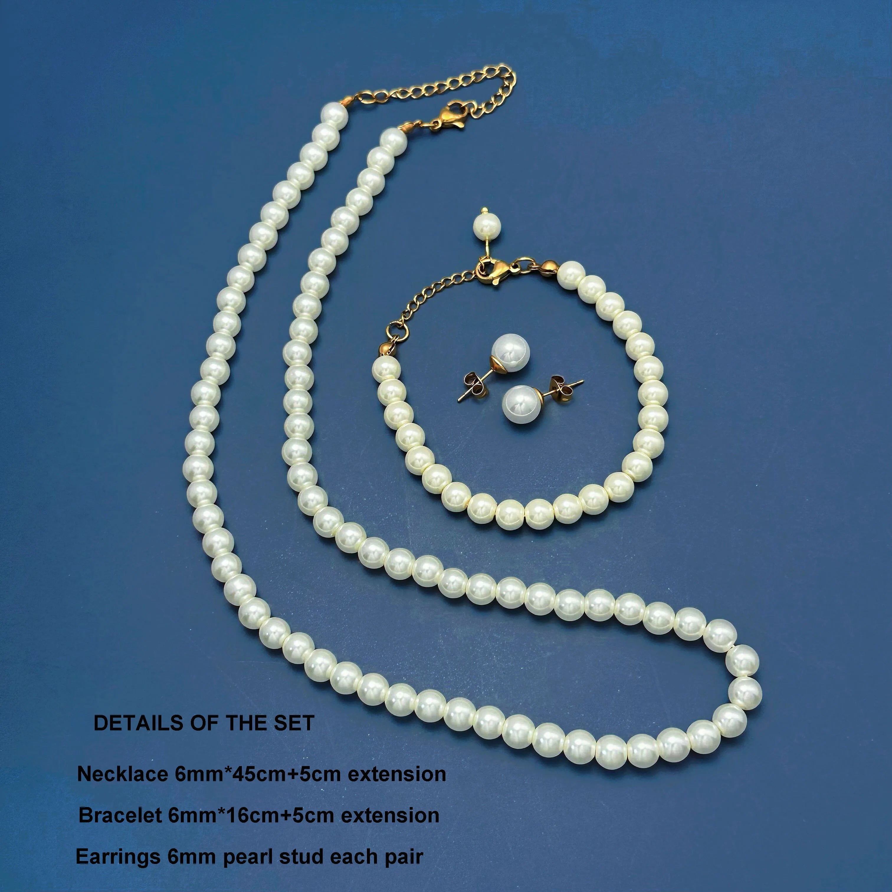 Fashion 6mm Round Pearl Chain Men Necklaces and Bracelet Pearl Stud Earrings 18k Gold Plated Stainless Steel Chain Bracelet Set