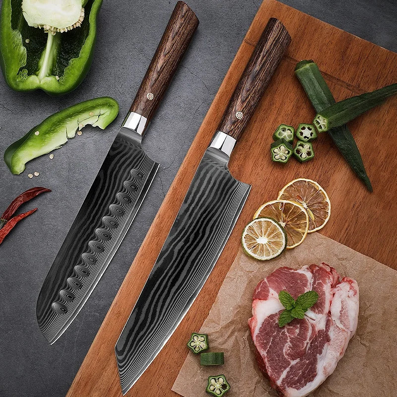 2024 Newest Japanese Style Damascus Kitchen Chef Knife Santoku Paired 8-inch VG10 Steel 67-Layer Carbon Steel for Cutting Wood