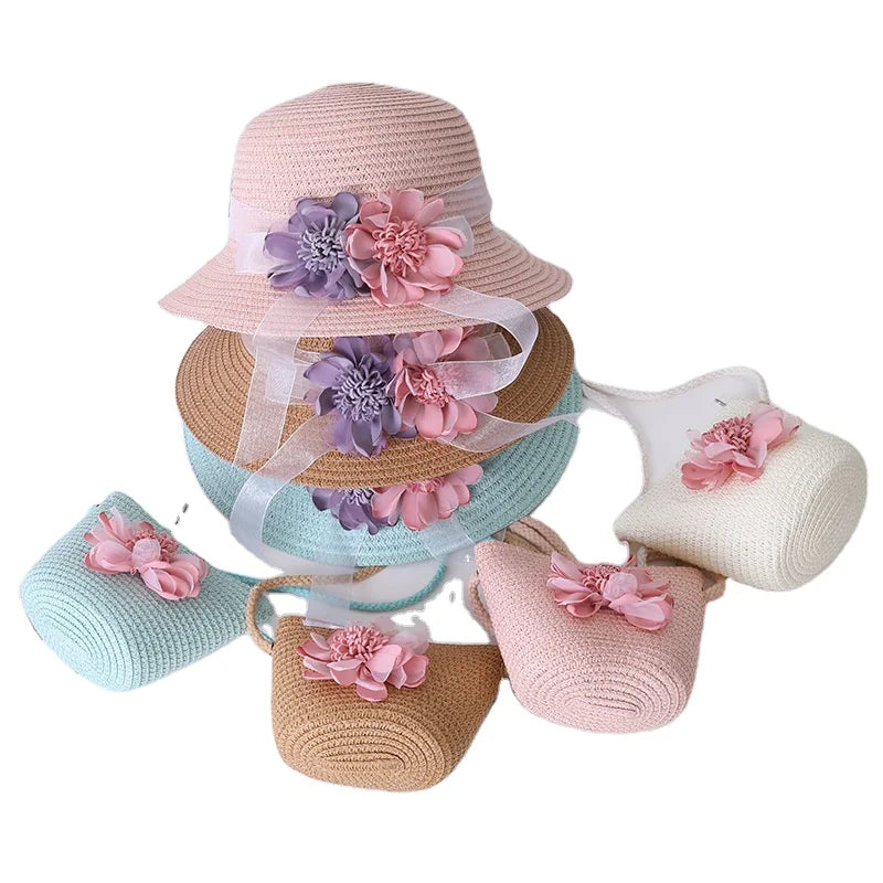 Summer New Flower Kid Hats and Bags Large Visor Outdoor Children Girl Beach Bags and Hats